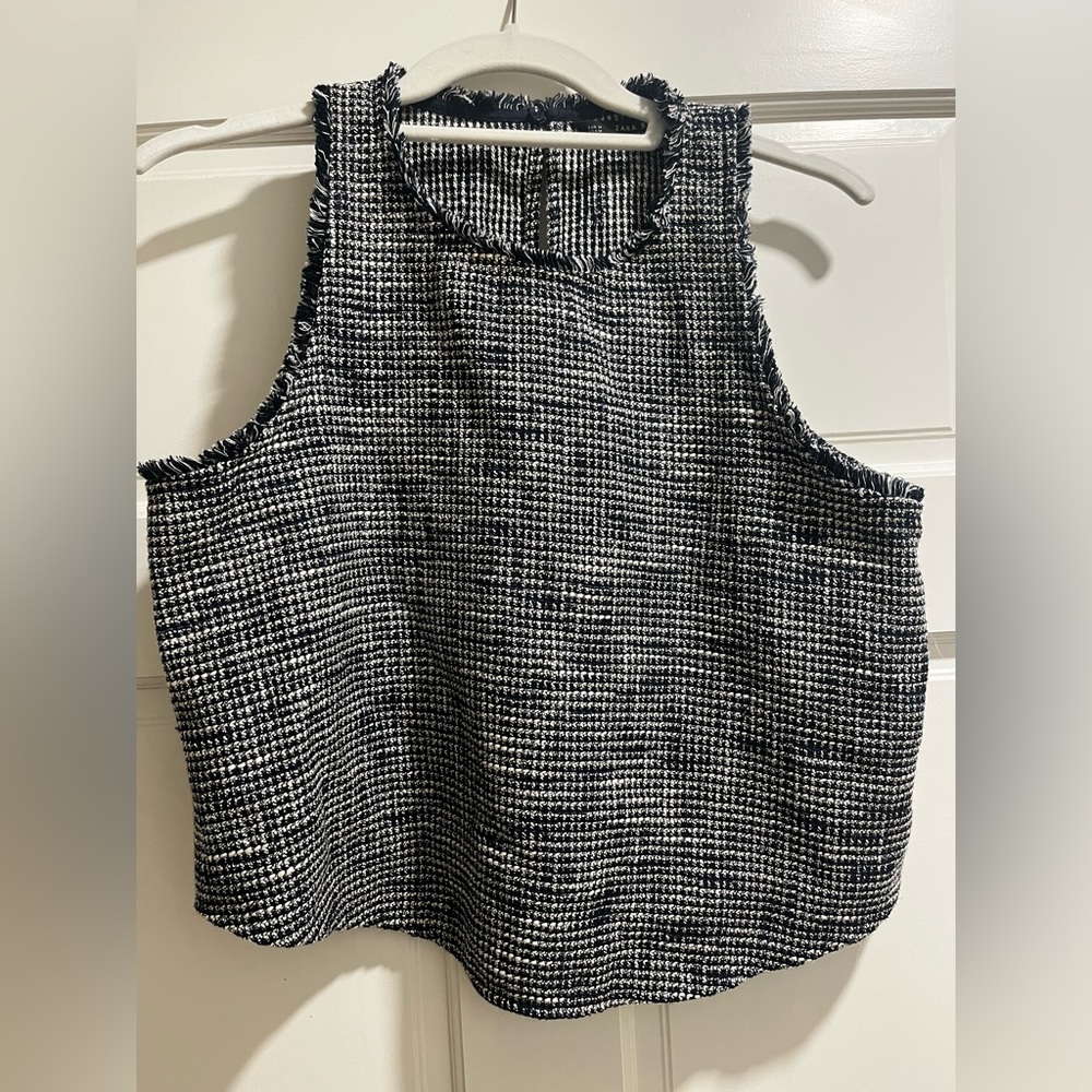Zara basics tweed fringe detail dark blue and white tank